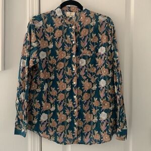 Perry Walker Collective Floral Cotton Blouse 3 tan turquoise blue long sleeves‎